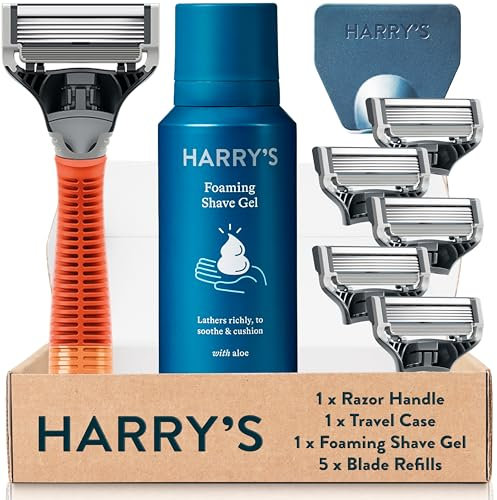 Harry’s Nassrasierer für Männer – Rasier-Set mit orangefarbenem Griff, 5 Ersatz-Rasierklingen, Reise-Klingen-Cover, 60ml Rasiergel