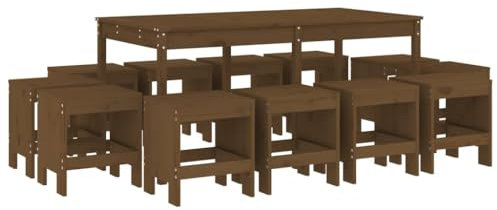 vidaXL Garten Essgruppe 13-TLG., Essgarnitur mit 1 Gartentisch 12 Gartenhocker, Sitzgruppe Garnitur für Garten Terrasse Balkon, Gartenset Gartenmöbel, Honigbraun Massivholz Kiefer