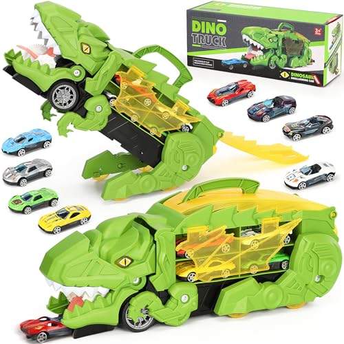Dinosaurier Transporter Spielzeug ab 3, 4, 5, 6,7,8 Jahre Junge, Truck Spielzeugauto mit 8 Rennautos, Autos Spielzeug für Kinder | Geeignetes Geschenk für Kinder ab 3 Jahren (Grüner)