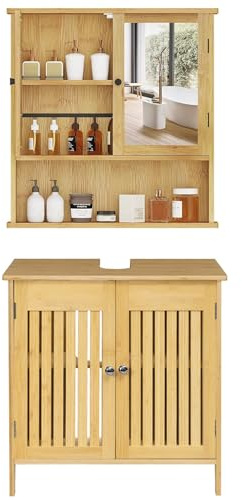 EUGAD Badezimmer Badmöbel Set Waschbeckenunterschrank Unterschrank Badezimmerschrank mit Spiegelschrank Hängeschrank für Bad Bambus Model 12