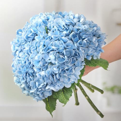 Kmise Hydrangea Artificial Flowers, 22” Real Touch Lifelike Latex Hydrangeas, Large Faux Hydrangea for Home Decor Wedding Bouquets, Lightblue, 5pcs
