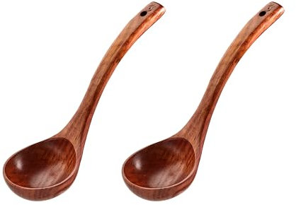Wooden Ladle Spoon - 9.65 Inch Large Wooden Soup Ladle for Serving & Stirring - Non-Stick Wood Ladle for Kitchen with Hole Hanging - Wooden Ladle for Cooking Soup, Gruel, 2 Pcs