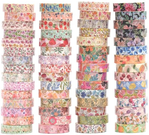 YUBX blommor washi tejp set 60 rullar blommönster dekorativa smala blommor maskeringstejp för konst, gör-det-själv-hantverk, tidskrifter, planerare, klippbok, inpackning (sommar)