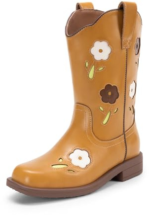 DREAM PAIRS Botas vaqueras para niñas, botas occidentales de media pantorrilla, zapatos de equitación para niños pequeños/niños grandes, Camello, 2 Little Kid
