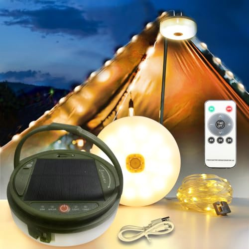 Solar Lichterkette mit Fernbedienung, 39,4FT/12M 120LED Tragbare Wasserdichte Campinglampe mit 2 in 1 Solarenergie und USB Wiederaufladbare Zeltlaterne für Wandern, Gartendekorationen