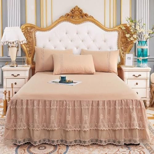 Calefee Bettlaken 150x200 ohne Kissenbezug, Betttuch mit Gummizug Polyester Einfarbig Khaki Mit Spitze