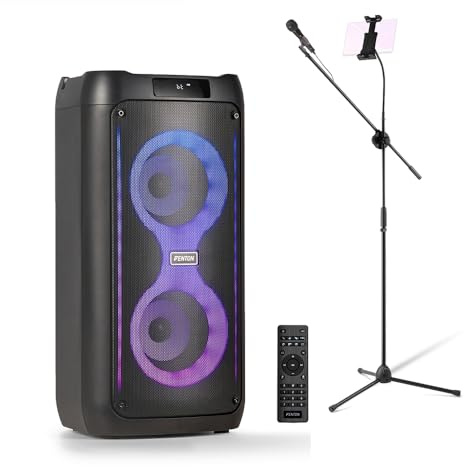 Fenton Core80 Bluetooth Karaoke System – Rechargeable Speaker with Dual 4 Woofers, Tablet & Mic Stand, Microphone, LED Lights – 120W Portable Singing Machine for Home, Outdoor & Parties