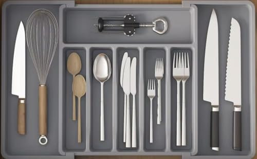 Nestiva Expandable Cutlery Drawer Organiser Adjustable Utensil Tray for Kitchen Drawer Storage, Silverware Holder for Forks, Knives & Spoons, Large 33–57cm, Black/Grey