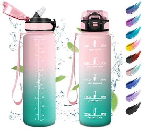 Sport Trinkflasche 1L, Auslaufsichere Wasserflasche mit Strohhalm, Motivierende Trinkflasche mit Zeitmarkierung, Kohlensäure Geeignet, Sportflasche für Gym, Camping, Fahhrad, Erwachsener, Wandern