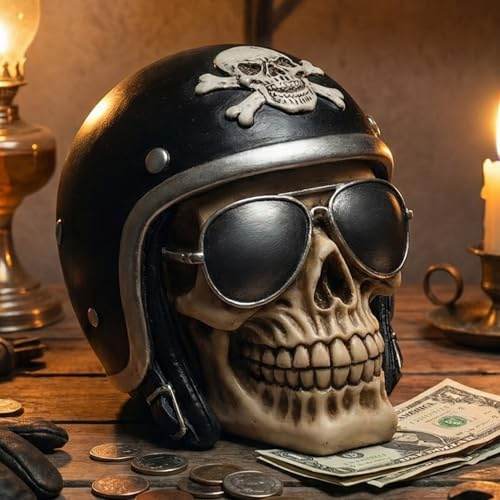 MIJOMA Spardose im Totenkopf-Design – Handbemalte Schädel-Spardose aus Polyresin mit Sicherheits-Schloss – Stilvolle Aufbewahrung für Ersparnisse (mit Motorradhelm & Sonnenbrille)