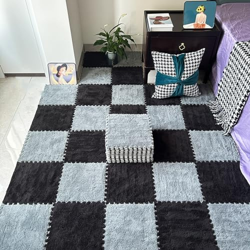 JNTFNE 12 Pieces Puzzle Interlocking Carpet Tiles for Living Room,Plush Foam Floor Mat,Jigsaw Floor Mat Rugs,Play Mat,12X12 Inch(Size:0.23 inch,Color:Gray+Black)