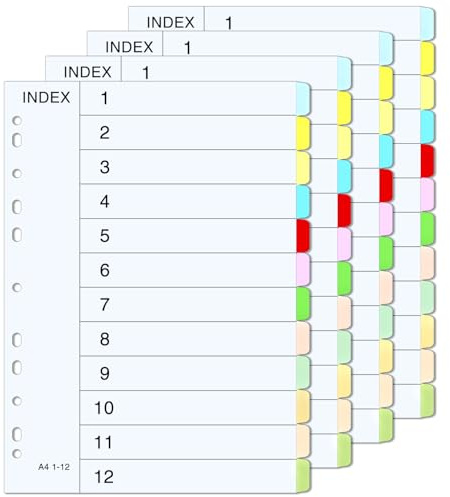 OWill Ordner Register A4 Trennblätter 12 Farben 12 Teil - 4 Stück Set Beschreibbare Trennblätter für Ordner A4 mit 11 Löchern für Büro Organisation