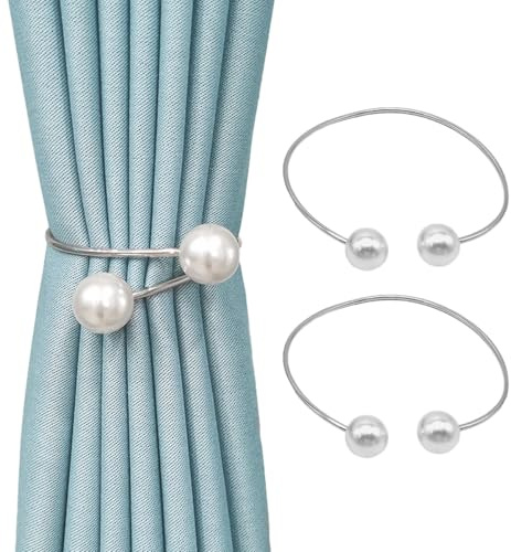 SanKristo 2 Stück Vorhang Raffhalter Clips, Moderne Perle Vorhang Gardinenhalter, 360°Drehbare Kreis Vorhang Halter Schnallen, Ohne Bohren Verstellbare Vorhang Halter für Haus, Silber