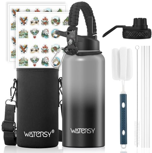 WATERSY Borraccia Termica 946ml Acciaio Inox, Bottiglia Termica 32oz Impermeabile con 2 Coperchi e Cannucce - Senza BPA per Palestra, Escursionismo, Campeggio e Sport (Grigio Chiaro/Nero)
