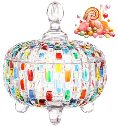 YOFAPA Colorful Glass Candy Box - Tarro de cristal pintado a mano con tapa, cuenco decorativo para caramelos, joyas, plato de aperitivo para galletas, nueces, chocolate
