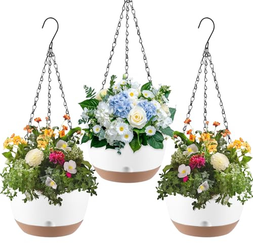 BTBHIHO 3 Stück Hängend Plastik Umweltfreundliche Hängend Blumenampel, Blumentopf mit Haken und Drainagelöchern,20cm Hängetopf für Pflanzen Weiß für Zimmer- und Außenpflanzen, Blumendecke, Balkon