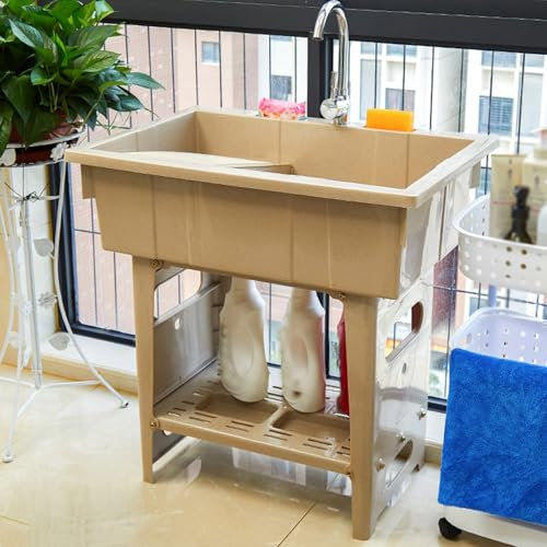 Lavandino portatile con lavabo, vasca autoportante per interni ed esterni, rubinetto caldo e freddo, kit di scarico e tubi, ripiano portaoggetti, ideale per garage o giardino