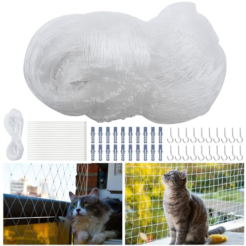 Zyluniy Filet Chat Balcon, Filet de Balcon sans Perçage, 4x3m Filet de Protection Chat Transparent, Filet Anti-Oiseaux 2,5cm, avec Corde Fixe et Accessori, pour Balcons, Fenêtres (Blanc)