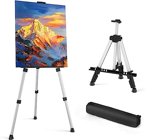 Art Painting Display Easel Stand -ISFORU 17 to 66 Portable Adjustable Metal Tripod Artist Easel with Bag for Drawing, Displaying, Wedding Birthday Baby Shower Welcome Board (Silver)