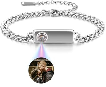 Jovivi Personalisiertes Armband mit Foto im Stein Bild Projektion Armband Edelstahl Partnerarmbänder Fotoarmband für Herren Damen Freundschaftsarmbänder Personalisierte Geschenke (Silber)
