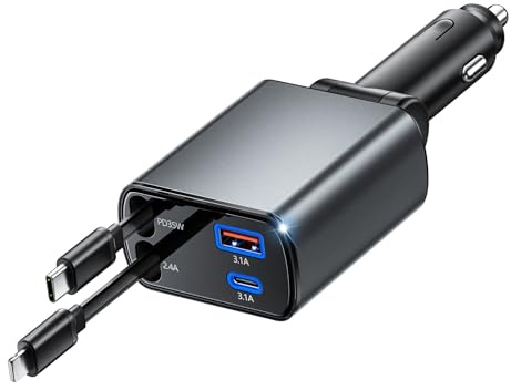 Adaptador de mechero USBC 4 en 1 para coche, total 78W, plegable a 180°, adaptador de carga rápida retráctil para vehículo con USBC y cable Lightning, 12V/24V, accesorio para iPhone
