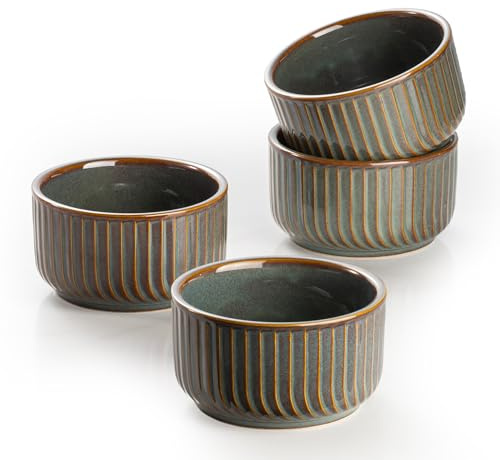 DAFUCERAMIC Ramekins 8 oz Oven Safe, Porcelain Creme Brulee Ramekins Pudding Custard Cups Small Ceramic Souffle Dishes Baking Bowls Set of 4 (GREEN BLUE)