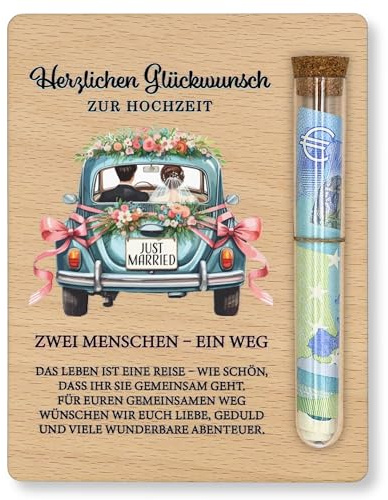 ZUKLA Verpackung für Geldgeschenke zur Hochzeit - 13 x 10 cm - mit Reagenzglas - Hochzeitskarte Geldgeschenk Verpackung Holz - Hochzeitsgeschenk für das Brautpaar