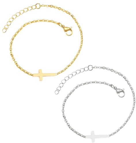 JYNXOR 2 Pièces Bracelet Croix pour femmes Bracelet plaqué or 18K avec diamant Bracelet réglable en acier inoxydable Bijoux Cadeaux pour la Saint-Valentin Pâques Baptême