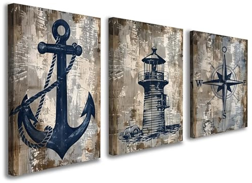 Set of 3 Framed Nautical Canvas Wall Art 12x16 Inch Anchor Lighthouse and Compass Coastal Pictures Rustic Ocean Artwork for Living Room Bedroom Hallway Wall Decoration with Hooks and Magic Tape