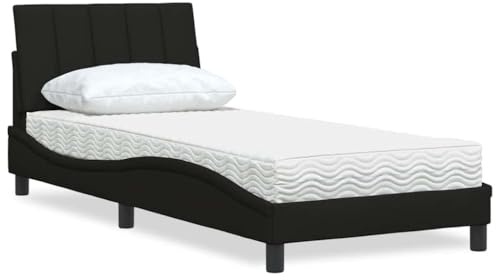 Bucmath Hanko Säng med madrass, svart, 90 x 200 cm, tygöverdrag, komfortskummadrass, robust plattformssäng för sovrum, inklusive sänggavelkudde