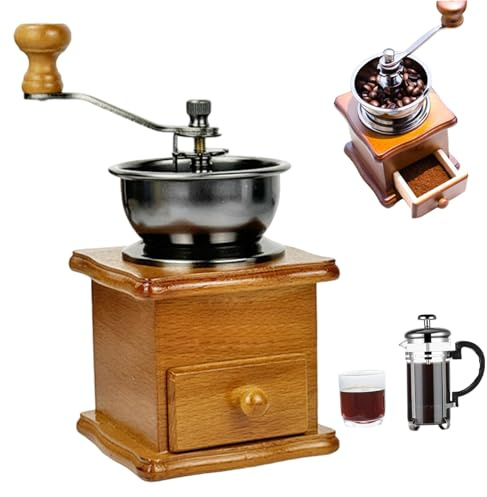 CAKEEYUM Manual Coffee Grinder 2-in-1 Hand-Crank Coffee Grinder with Pot Small Vintage Portable Tool for Home Office Travel Light Brown