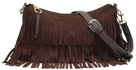 MISAKO Taseli piccola borsa a tracolla effetto scamosciato con frange Donna - Taseli Marrone 15x29x8cm
