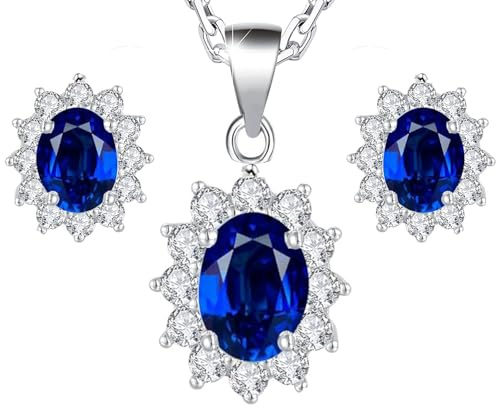 Crystalline Azuria Blauer simulierter Saphir Zirkonia Kristalle Ellipse Schmuck-Set Halskette Anhänger 45 cm Ohrringe 18 kt Weiß Vergoldet