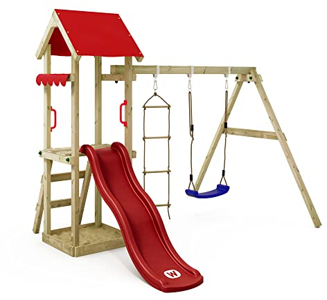 WICKEY Wooden climbing frame TinyCabin with swing set & red slide, Outdoor kids playhouse with sandpit, climbing ladder & play-accessories for the garden