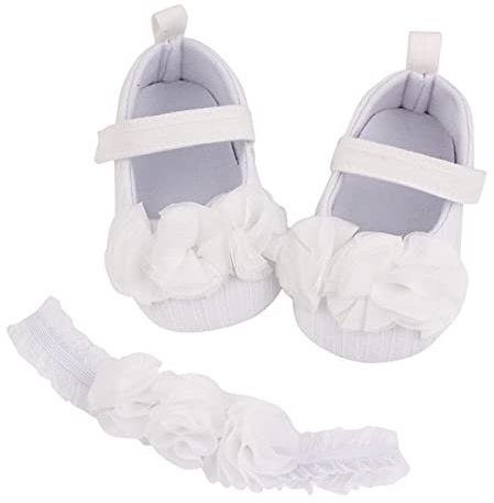 DAY8 Chaussures Bébé Fille Premier Pas Automne Chaussure Bebe Fille Souple Antiderapantes Princesse Bapteme Mariage Ceremonie Ensemble Bebe Fille Chaussures Ballerine + Bandeau (Blanc 1, 6-12 Mois)
