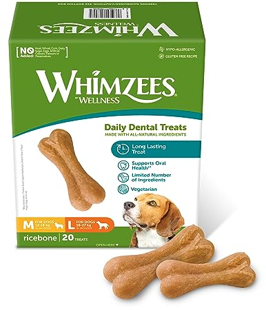 WHIMZEES Reisknochen, Kauknochen für große Hunde, Hundesnack zur Zahnpflege, Größe M/L, 20 Stück, 360 g, ohne Zuckerzusatz, glutenfrei, natürlich, fettarm