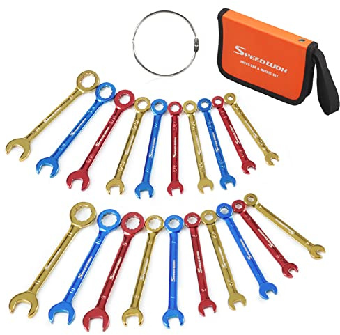Speedwox Mini-Kombinationsschlüssel-Set, metrisch und SAE-farbig plattiert, offenes und Kastenenende, Midget-Schraubenschlüssel-Set mit tragbarer Tasche und großem Ring (4-11 mm) (5/32-7/16 Zoll)