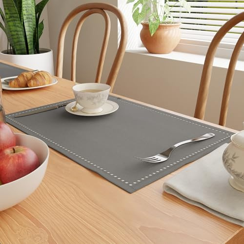 Encasa XO Tischsets Set aus 4 | Reine Baumwolle mit Hohlsaum-Design | Grau | Rechteckige 48x32 cm - Tischuntersetzer | Maschinenwaschbar