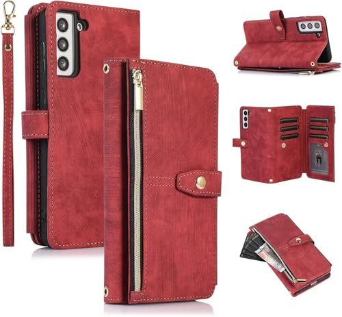 UEEBAI Étui pour Samsung Galaxy S22 5G, Portefeuille Cuir PU Rétro Rabat Antichoc Housse avec Dragonne Fentes Cartes Fonction Support Fermeture Magnétique - Vintage Rouge