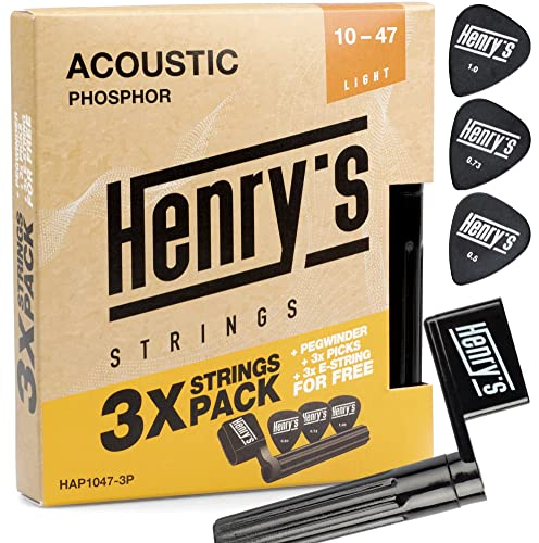 3-Pack Light Gitarrensaiten für Westerngitarre - Gitarrensaiten für Akustikgitarre 10-47 - Extra 3xE1-Saite & 3xPlektren & Saitenkurbel - Phosphorbronze Saiten für Westerngitarre