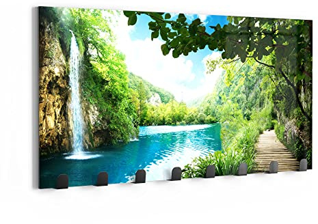 DEQORI Wandgarderobe Glas & Metall | Motiv Wasserfall im grünen Wald | 60x30 cm | Design Haken-Leiste modern | Garderoben-Paneel für Flur, Wohnzimmer & Schlafzimmer | magnetisch & beschreibbar