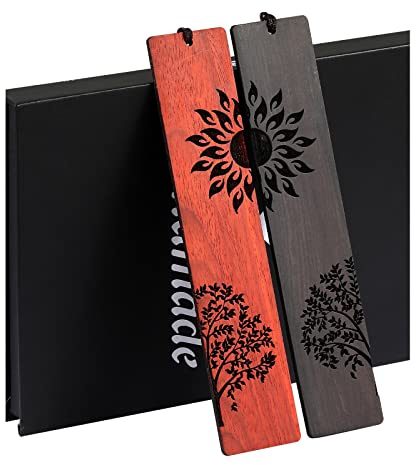 HOMEMARS Sonne Baum Lesezeichen, 2 Stück Holz Bookmark, Handgefertigtes Hölzernes Lesezeichen, Geschenkbox Set, Weihnachtsgeschenke, Geschenk für Lehrer, Schüler, Männer und Frauen