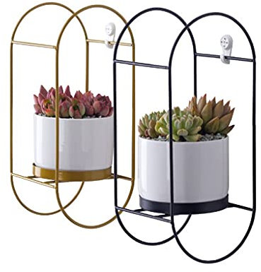 Blumenampel Indoor Hängender Pflanzer Set von 2 Metallpflanzenbügel mit keramischen Töpfen Einfache moderne Pflanzer-Hängende Pflanzgefäße for Innenpflanzen, NEIN Anlage inkl. (Gold, schwarz) Hängepfl