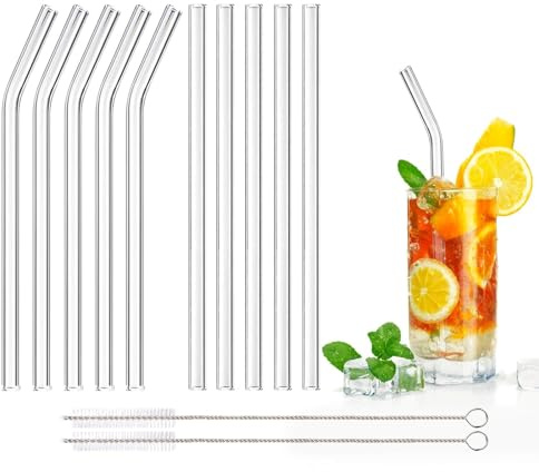DONQL 10 Stück Glasstrohhalme mit 2 Reinigungsbürsten 20cm (Gerade+Gebogen) | Glas Wiederverwendbar Trinkhalme, Qualität Trinkhalme aus Glas , Perfekt für alle Getränke Milch