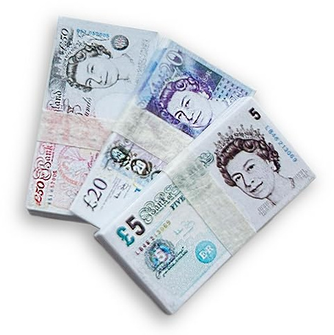 Scratch Cash Micro Mini Bundle Sterline, 25 x 3 mazzette - 75 banconote per giocare 25 Micro Scratch Cash x 5, 20 e 50 Sterline di misura 3 x 1,6 cm. soldi per bambole