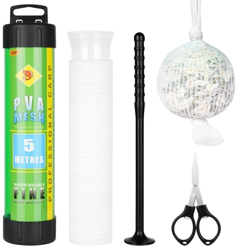 OFFCUP Fishing PVA-Mesh, 5M PVA Netz Angeln Set mit Schere, 37mm Fischerei PVA Netz Wasser löslich, PVA Mesh Karpfen Zubehör mit Trichter & Stößel Fischereimaschinen Köderbeutel Wasser-lösliche