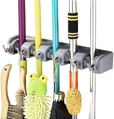 Broom Holder Wall Mount & Garden Tool Organiser, kitchen, 6 Hooks 5 slots (Grey)