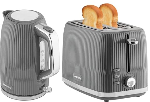 Innoteck 1.7L Electric Kettle & Toaster Set - Grey Ridged Textured & Stainless-Steel Body - Toaster with Defrost, Reheat & Cancel Functions - Hot Water Boiler with Auto Shut-Off Functions