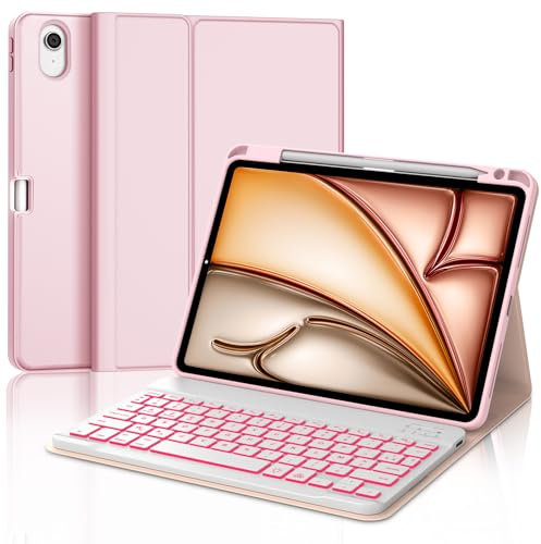 Clavier iPad Air 11 Pouces M3/M2 (2025/2024), Coque Clavier AZERTY Français rétroéclairé 7 Couleurs, Étui Clavier Détachable sans Fil Bluetooth pour iPad Air 11 M2 2024/M3 2025 11 Pouces, Rose