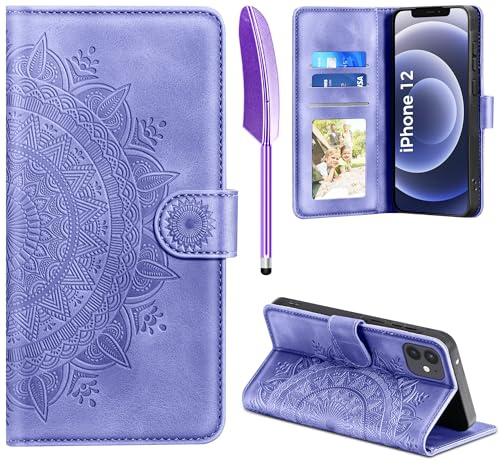 EASDNB Handyhülle für iPhone 12/12 Pro, Hülle für iPhone 12 Pro/iPhone 12 Lederhülle Flip PU Leder Tasche Case Kartenfach Magnet Ständer Klapphülle Schutzhülle für iPhone iPhone 12/12 Pro 6.1, Lila